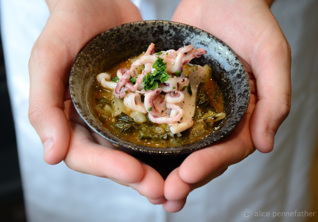 Elegant Seafood catered in handheld bowl Elegant small dishes catered beautifully in hand crafted tableware