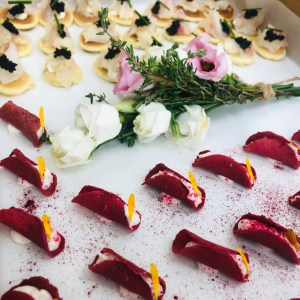 Beautfully colourful canapes ready to serve at a wedding